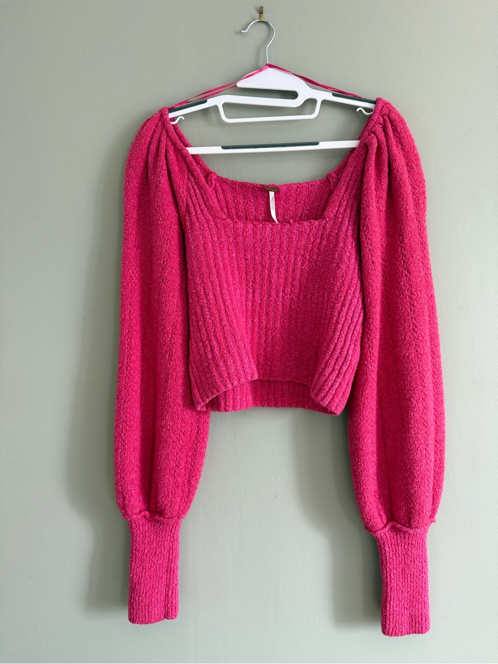Free People Katie Pullover Magenta Cherry Combo Pink Cropped Sweater Large